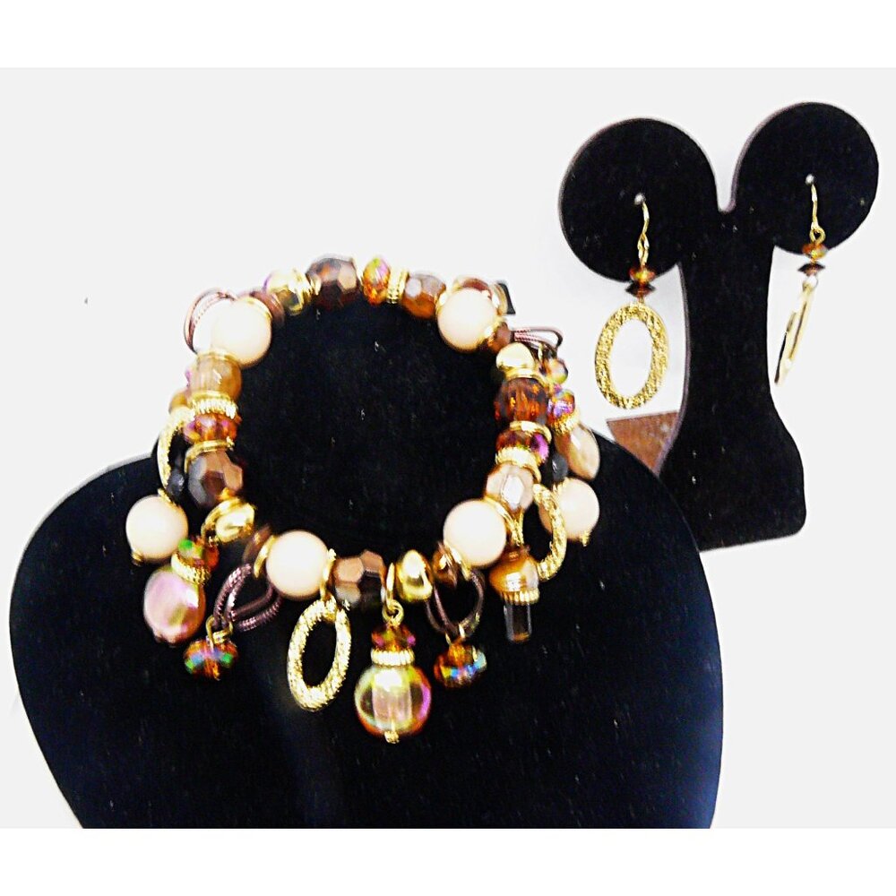 Vintage Charm Bracelet & Earring Set - Beaded Gold Tone Iridescent Accents - Picture 2 of 3